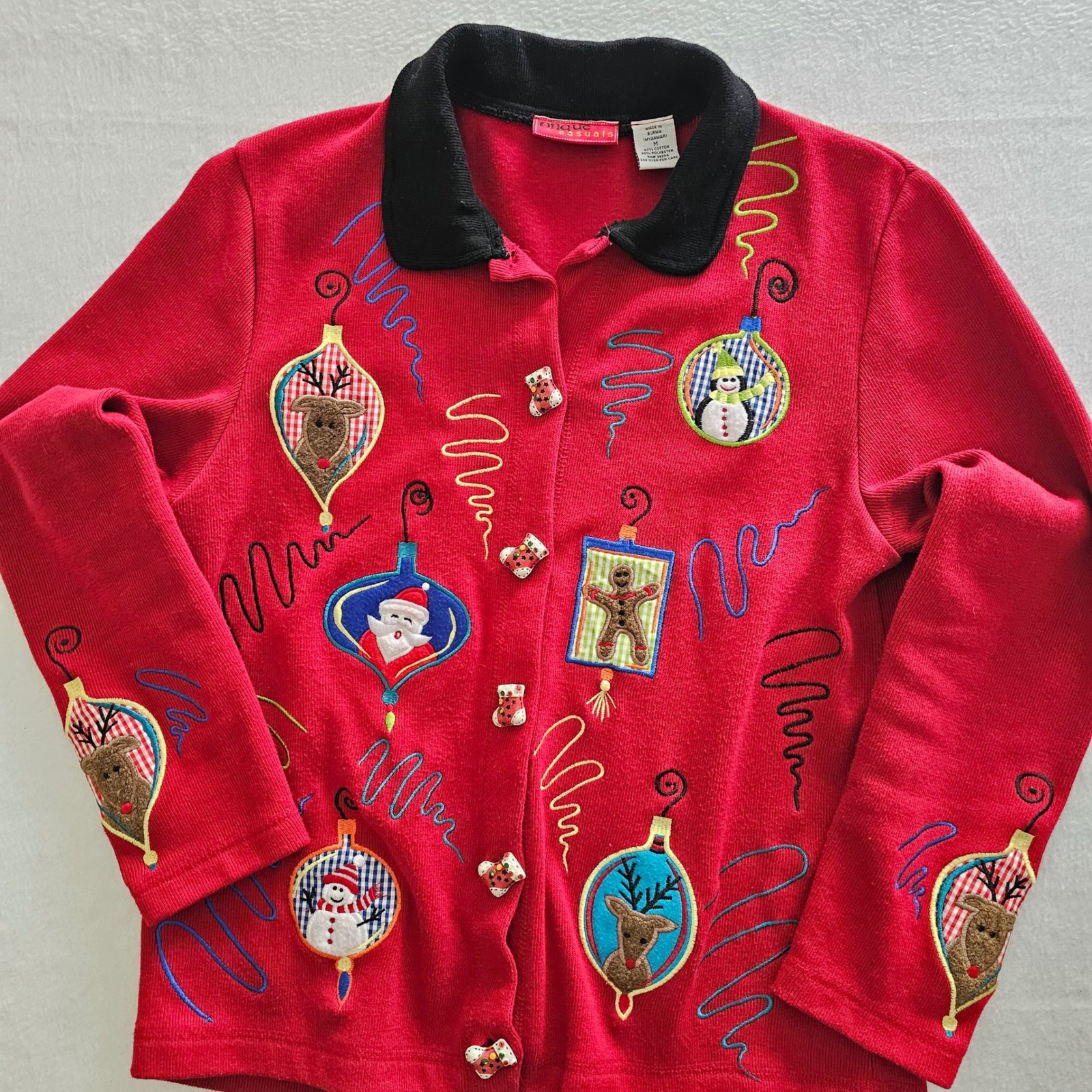 Onque Casuals Womens Christmas Cardigan Sweater Santa Reindeer Size M Holiday